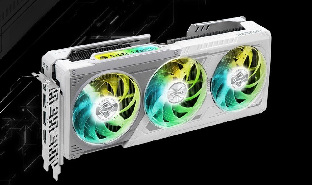 Karta graficzna ASROCK Radeon RX 9070 Steel Legend OC 16GB Skośny widok całej karty graficznej z trzema wentylatorami i podświetlanym napisem 'Steel Legend'. Obudowa w kolorze białym z geometrycznymi akcentami, porty, złącza, rozdzielczość, monitory