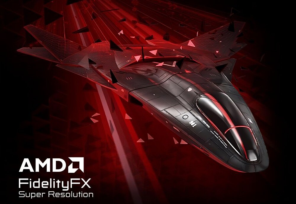 Karta graficzna ASROCK Radeon RX 9070 Steel Legend OC 16GB Czarny, futurystyczny samolot przelatuje przez czerwone tło z dynamicznymi efektami graficznymi. W lewym dolnym rogu znajduje się logo 'AMD FidelityFX Super Resolution', architektura, technologie