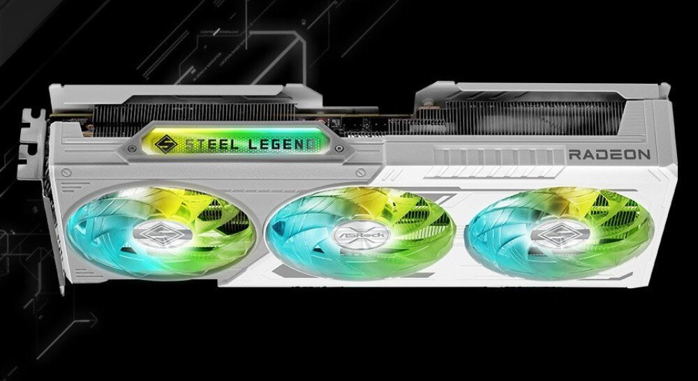 Karta graficzna ASROCK Radeon RX 9070 Steel Legend OC 16GB Widok boczny karty graficznej z trzema wentylatorami i podświetlanym napisem 'Steel Legend' w obudowie chłodzenia, pamięć GDDR6, współpraca z procesorami AMD
