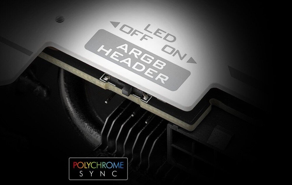 Karta graficzna ASROCK Radeon RX 9070 Steel Legend OC 16GB Zbliżenie na przełącznik LED i oznaczenie 'ARGB HEADER' na białej obudowie karty graficznej. Na dole logo 'Polychrome Sync', podświetlenie, przełącznik, synchronizacja