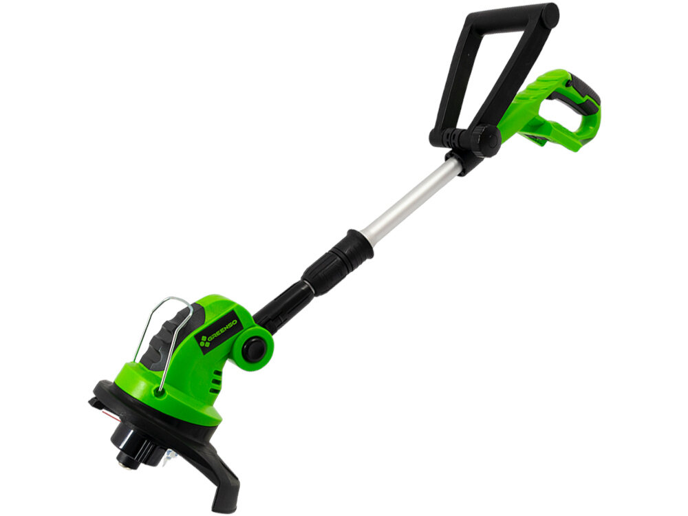 Podkaszarka akumulatorowa GREENSO UAO005 podkaszarka na białym tle widoczna od przodu pod skosem przycinanie trawy wszechstronne zastosowanie ergonomia