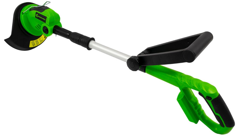 Podkaszarka akumulatorowa GREENSO UAO005 podkaszarka na białym tle widoczna od tyłu przycinanie trawy w ogrodzie wokół rabatek ścieżek przy ogrodzeniach lekka konstrukcja regulowane elementy ergonomiczne uchwyty