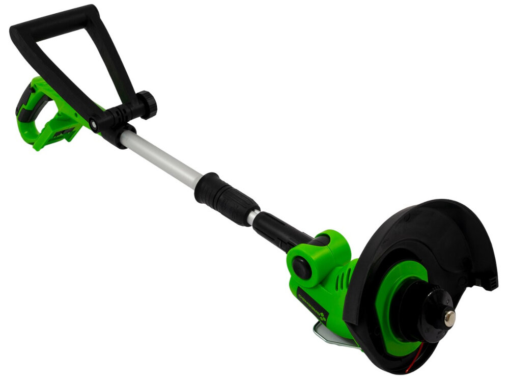 Podkaszarka akumulatorowa GREENSO UAO005 podkaszarka na białym tle widoczna od przodu głowica podkaszarki oferuje cztery pozycje regulacji dostosowanie kąta cięcia do terenu obrotowa konstrukcja przycinanie wzdłuż krawędzi i pod niskimi przeszkodami szerokość robocza 230 mm