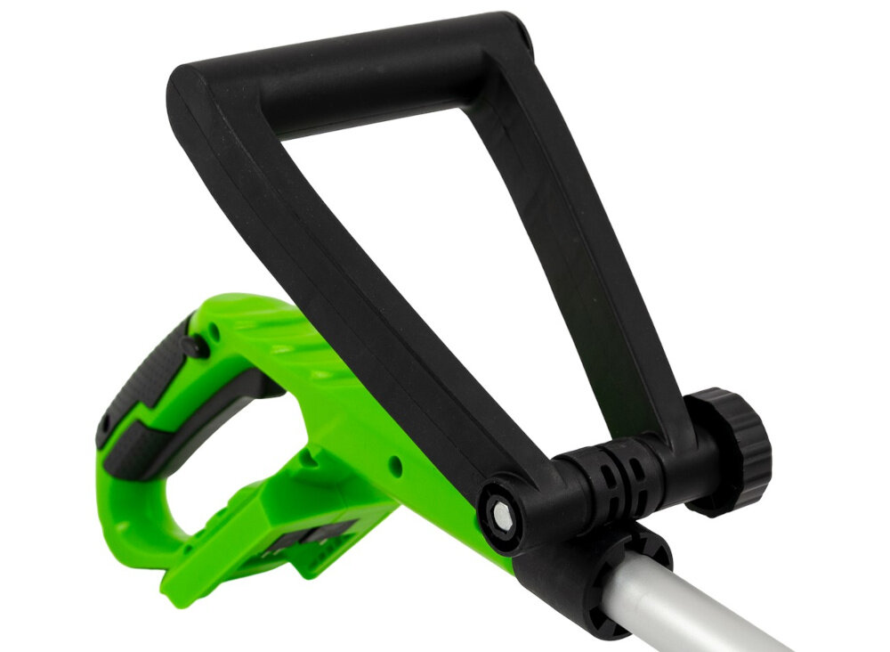 Podkaszarka akumulatorowa GREENSO UAO005 zbliżenie na uchwyt waga około 1,6 kg łatwa w prowadzeniu duży uchwyt główny dodatkowy przedni wygoda chwytu stabilność ergonomiczna forma dobre wyważenie