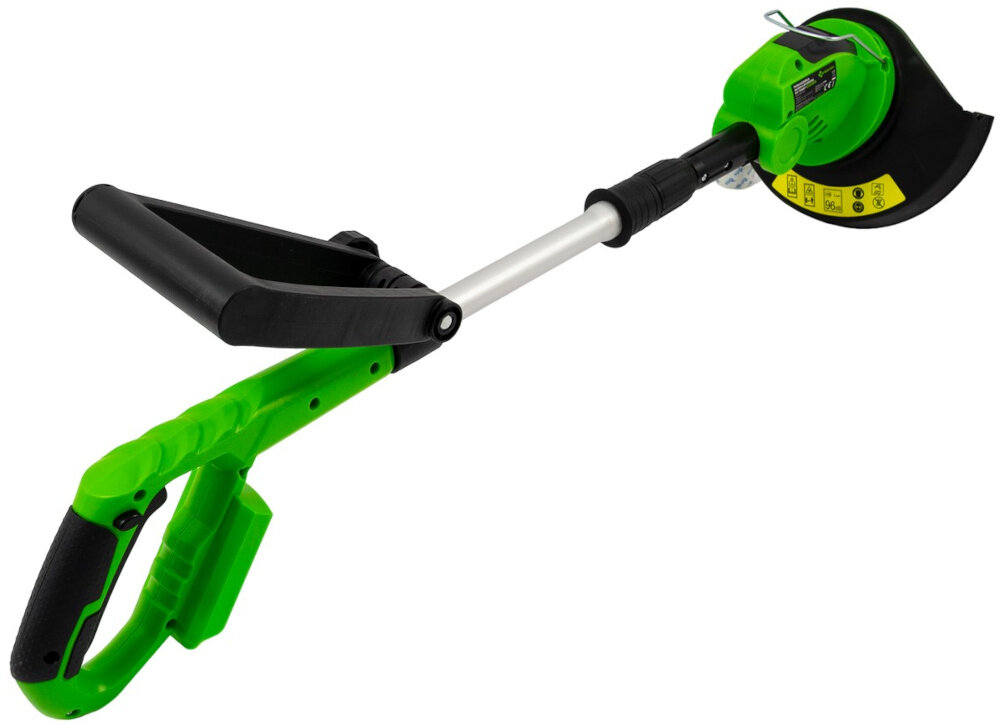 Podkaszarka akumulatorowa GREENSO UAO005 podkaszarka na białym tle widoczna od tyłu pod skosem przystawka kosa/podkaszarka dostosować urządzenie do różnych rodzajów pracy w ogrodzie można ciąć trawę przy krawędziach gęstsze zarośla wszechstronność efektywność pracy maksymalna prędkość obrotowa do 8000 obr./min wydajna i efektywna pracę bez nadmiernego hałasu (96 dB)