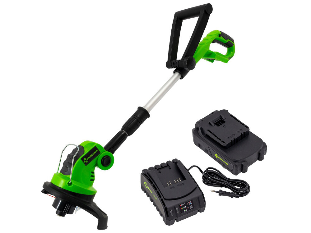 Podkaszarka akumulatorowa GREENSO UAO005 zestaw na białym tle w zestawie podkaszarka przystawka kosa/podkaszarka akumulator ładowarka dokumentacja