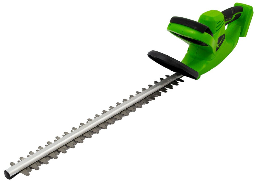 Nożyce do żywopłotów GREENSO UAO006-Z4 akumulatorowe nożyce na białym tle widoczne od przodu pod skosem zadbany żywopłot sprawne cięcie wydajność mobilność