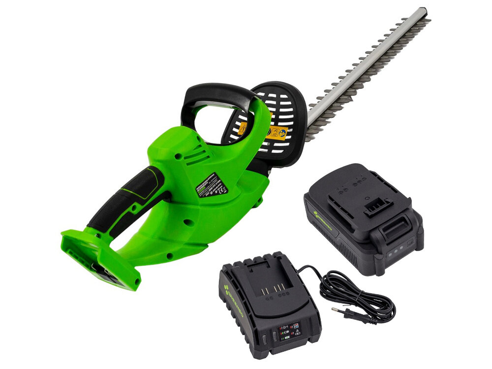 Nożyce do żywopłotów GREENSO UAO006-Z4 akumulatorowe zestaw na białym tle w zestawie nożyce akumulator ładowarka dokumentacja