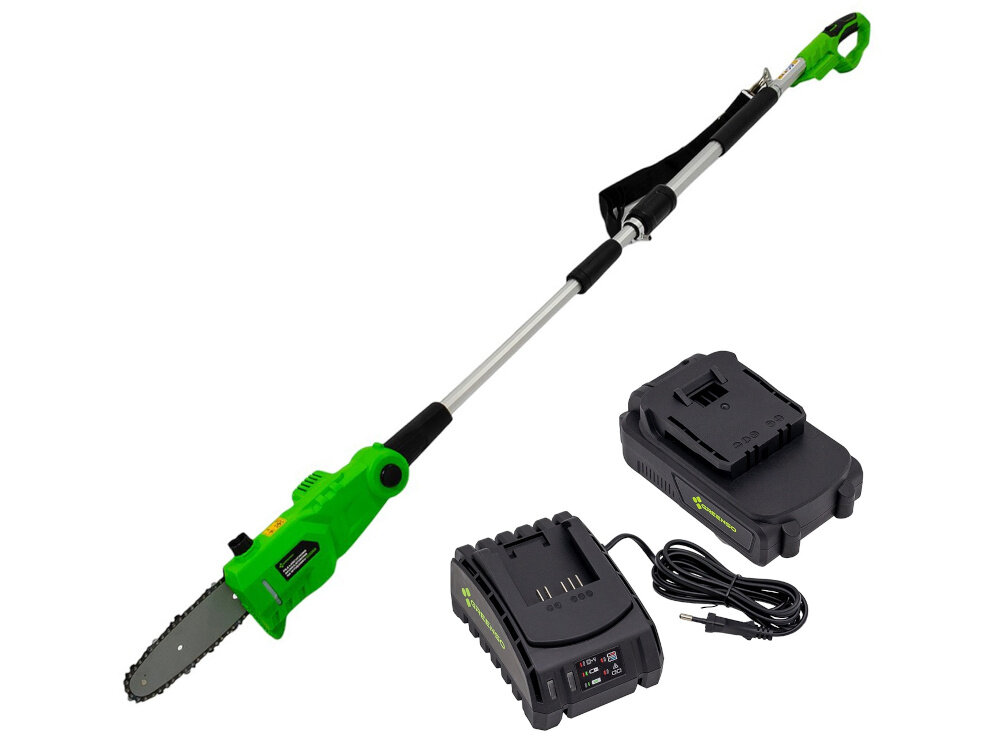 Piła akumulatorowa GREENSO UAO007-Z2 + Ładowarka UAO003 + Akumulator UAO002 2.0Ah zestaw na białym tle w zestawie piła akumulator ładowarka łańcuch tnący pasek na ramię dokumentacja