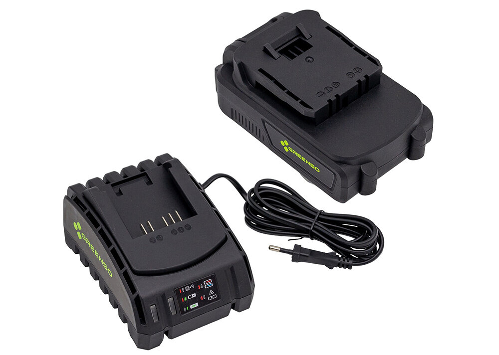 Nożyce do żywopłotów GREENSO UAO006-Z2 akumulatorowe akumulator i ładowarka na białym tle kompatybilne z akumulatorami z serii GRENNSO 20 V pełna mobilność ładowarka akumulator o pojemności 2.0 Ah bezprzewodowa konstrukcja swobodne manewrowanie