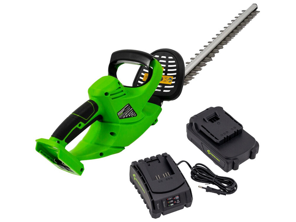 Nożyce do żywopłotów GREENSO UAO006-Z2 akumulatorowe zestaw na białym tle w zestawie nożyce akumulator ładowarka dokumentacja