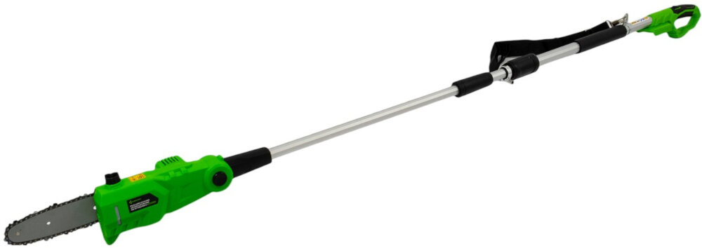 Piła akumulatorowa GREENSO UAO007 + Ładowarka UAO003 + Akumulator UAO002 4.0Ah piła na białym tle widoczna od przodu pod skosem wygodna praca cięcie gałęzi skuteczność