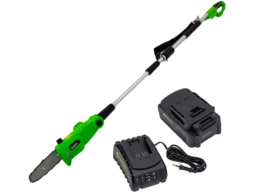 Piła akumulatorowa GREENSO UAO007 + Ładowarka UAO003 + Akumulator UAO002 4.0Ah zestaw na białym tle w zestawie piła akumulator ładowarka łańcuch tnący pasek na ramię dokumentacja