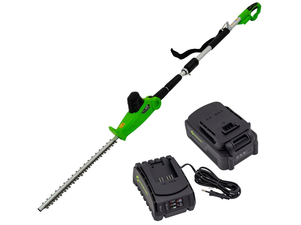 Nożyce do żywopłotów GREENSO UAO008-Z4 akumulatorowe zestaw na białym tle w zestawie nożyce akumulator ładowarka pasek na ramię dokumentacja