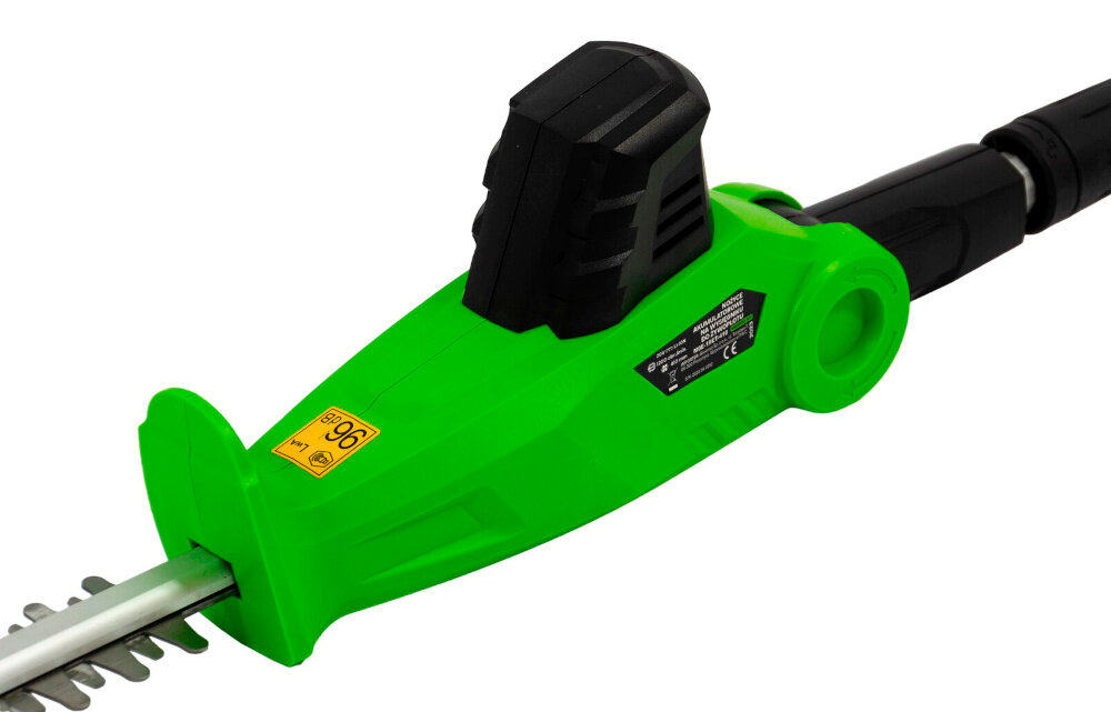 Nożyce do żywopłotów GREENSO UAO008-Z4 akumulatorowe zbliżenie na głowicę 3-pozycyjna regulacja głowicy można dostosować kąt pracy do indywidualnych potrzeb oraz wysokości ciętych roślin docierać do miejsc, które w standardowych nożycach są trudniej dostępne większą precyzję