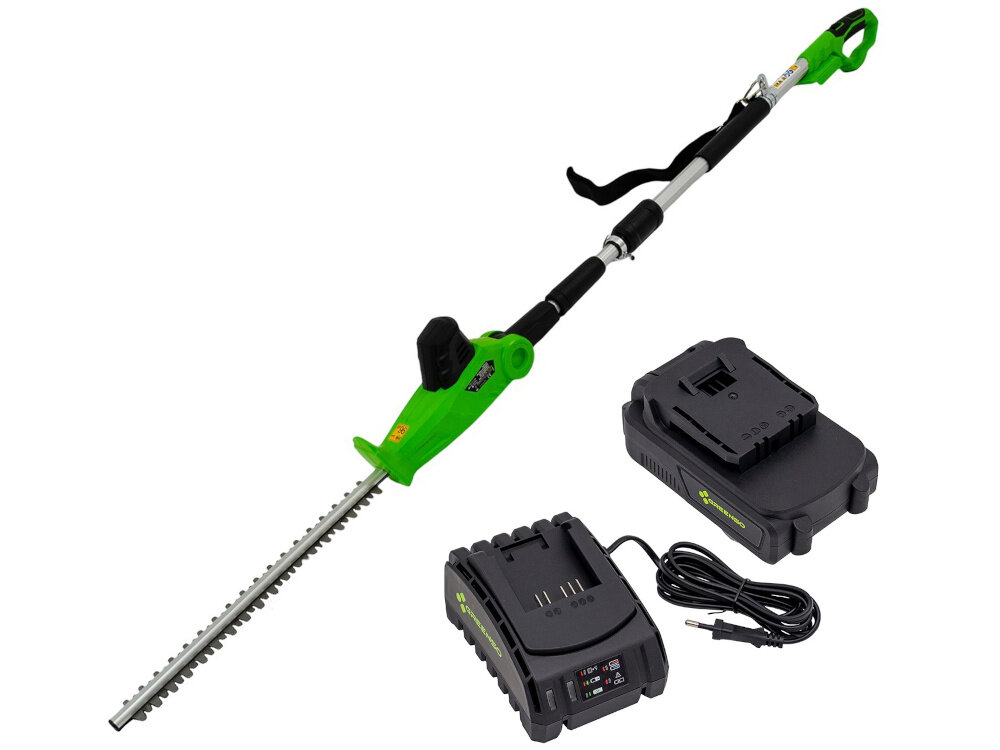 Nożyce do żywopłotów GREENSO UAO008-Z2 akumulatorowe zestaw na białym tle w zestawie nożyce akumulator ładowarka pasek na ramię dokumentacja