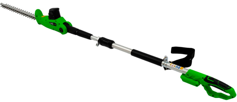 Nożyce do żywopłotów GREENSO UAO008-Z2 akumulatorowe nożyce na białym tle widoczne od tyłu pod skosem silnik o prędkości do 1200 obr./min stała prędkość pracy sprzyja płynnemu prowadzeniu ostrza