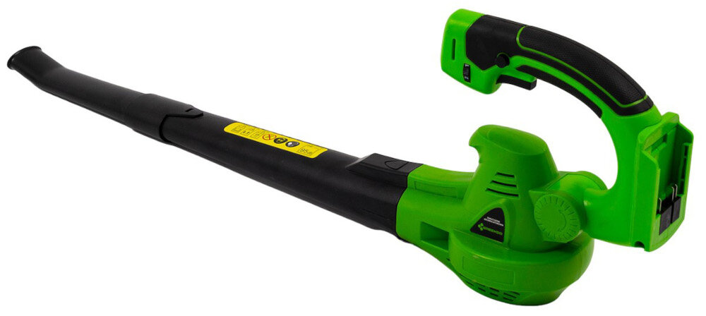Dmuchawa do liści akumulatorowa GREENSO UAO010-Z2 dmuchawa na białym tle widoczna od tyłu pod skosem regulacja prędkości powietrza w zakresie od 65 do 195 km/h dopasowanie siły nawiewu do rodzaju powierzchni i ilości liści pełna kontrola nad pracą