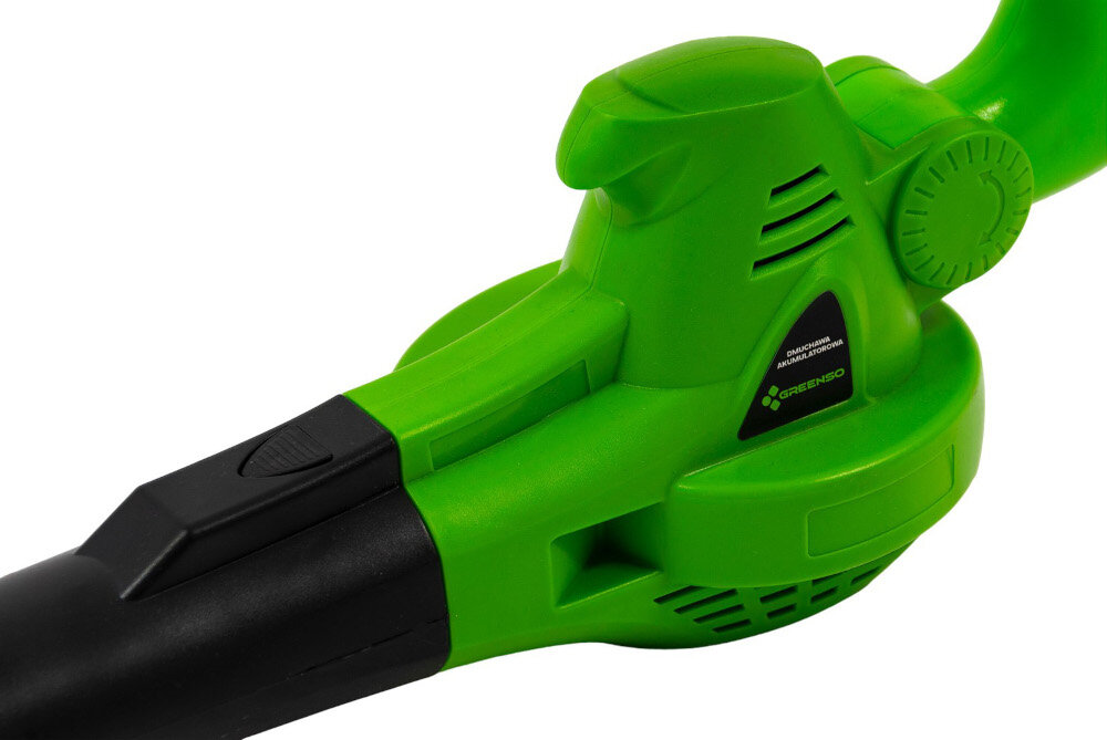 Dmuchawa do liści akumulatorowa GREENSO UAO010-Z2 zbliżenie na silnik silnik szczotkowy praca w zakresie 7000–13000 obr./min stała i wysoka wydajność przepływ powietrza na poziomie do 2,2 m³/min