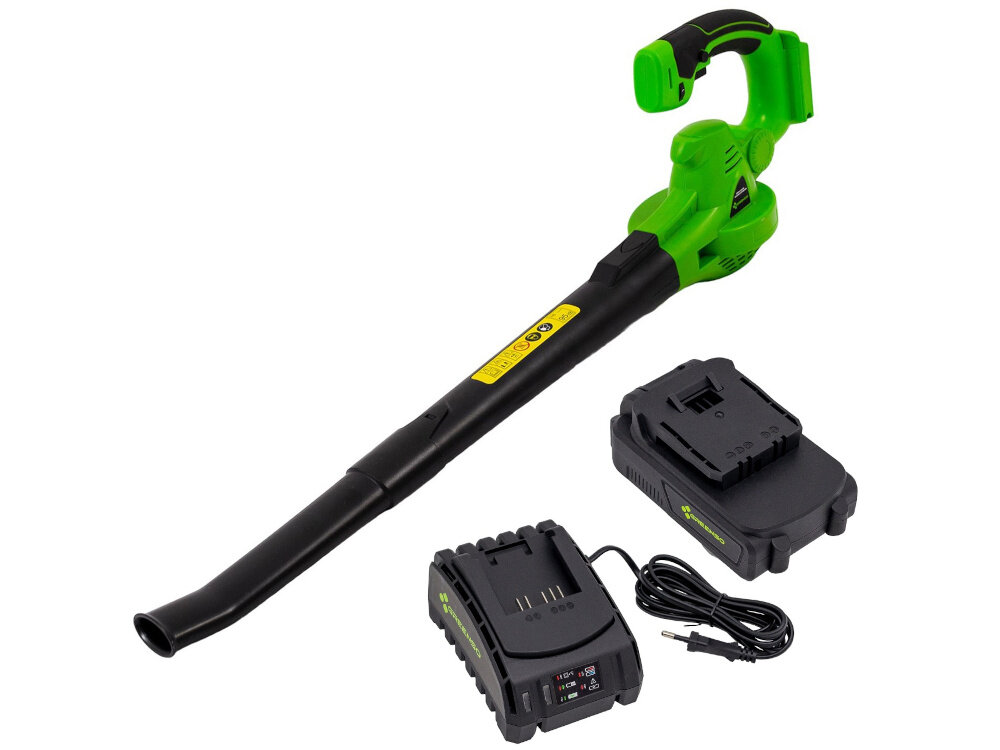 Dmuchawa do liści akumulatorowa GREENSO UAO010-Z2 zestaw na białym tle w zestawie dmuchawa akumulator ładowarka dokumentacja