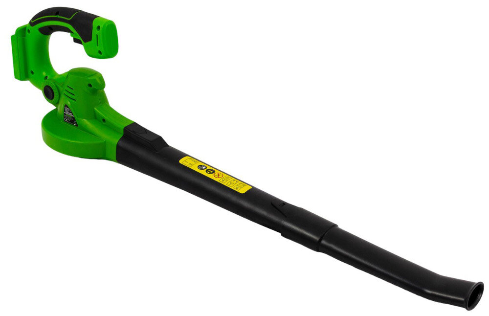 Dmuchawa do liści akumulatorowa GREENSO UAO010-Z4 dmuchawa na białym tle widoczna od przodu pod skosem można szybko i wygodnie oczyścić ogród podjazd taras zasilanie akumulatorowe swobodne poruszanie się