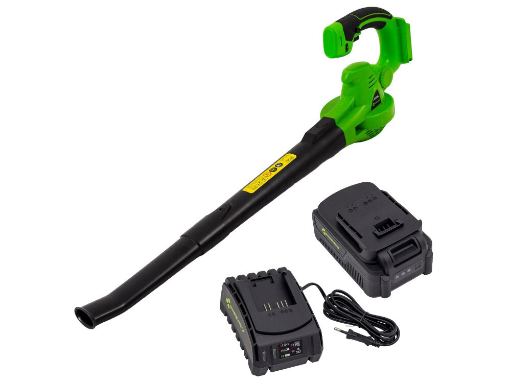 Dmuchawa do liści akumulatorowa GREENSO UAO010-Z4 zestaw na białym tle w zestawie dmuchawa akumulator ładowarka dokumentacja