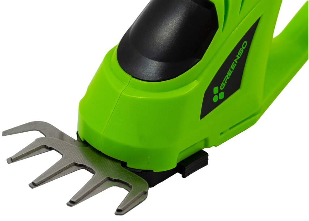 Nożyce do krzewów i trawy GREENSO UAO011-Z2 akumulatorowe zbliżenie na ostrze do trawy ostrze o szerokości 100 mm przeznaczone do trawy precyzyjne przycinanie krawędzi trawnika pełna kontrola nad cięciem można dokładnie wykończyć obrzeża smukła konstrukcja nożyc o wadze 2 kg ergonomiczne uchwyty