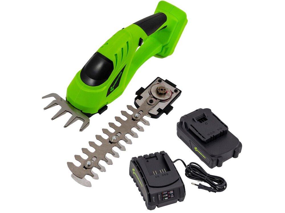 Nożyce do krzewów i trawy GREENSO UAO011-Z2 akumulatorowe zestaw na białym tle w zestawie nakładka do żywopłotu nakładka do trawy akumulator ładowarka dokumentacja
