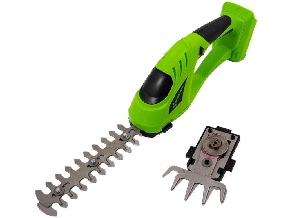 Nożyce do krzewów i trawy GREENSO UAO011-Z4 akumulatorowe nożyce z końcówkami na białym tle do cięcia ogrodu urządzenie 2w1