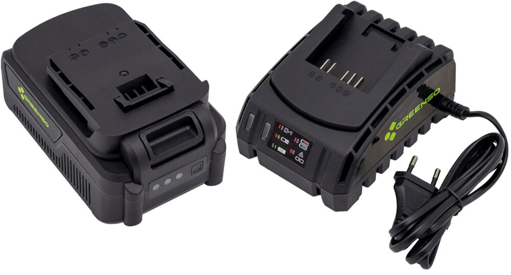 Nożyce do krzewów i trawy GREENSO UAO011-Z4 akumulatorowe akumulator i ładowarka na białym tle kompatybilne z akumulatorami z serii GRENNSO 20 V pełna mobilność ładowarka akumulator o pojemności 4.0 Ah bezprzewodowa konstrukcja swobodne manewrowanie