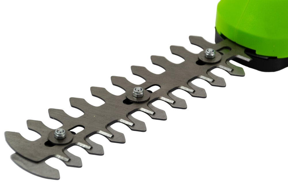 Nożyce do krzewów i trawy GREENSO UAO011-Z4 akumulatorowe zbliżenie na ostrze do żywopłotu ostrze o długości 180 mm równomierne i precyzyjne cięcie żywopłotów estetyczny kształt roślin odpowiedni odstęp między zębami wynoszący 16 mm cięcie jest dokładne precyzyjne cięcie ogranicza uszkodzenia gałęzi