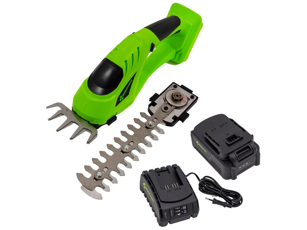 Nożyce do krzewów i trawy GREENSO UAO011-Z4 akumulatorowe zestaw na białym tle w zestawie nakładka do żywopłotu nakładka do trawy akumulator ładowarka dokumentacja