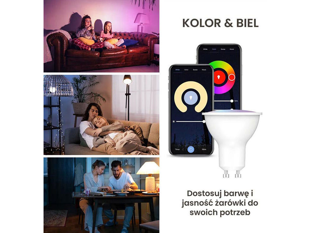 Inteligentna żarówka LED EXTRALINK G10 4.5 W GU10 Wi-Fi, moc, W, barwy, kolory, na białym tle żarówka wraz z smartfonami, obok zdjęcia pokojów oświetlających dzięki żarówce