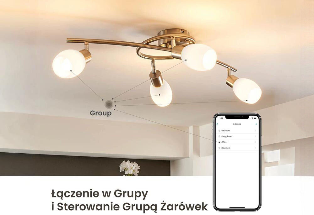 Inteligentna żarówka LED EXTRALINK G10 4.5 W GU10 Wi-Fi, grupowanie, intensywność, CRI 80, dimmer, w tle lampa na suficie, na pierwszym planie smartfon i opis grupowania żarówek