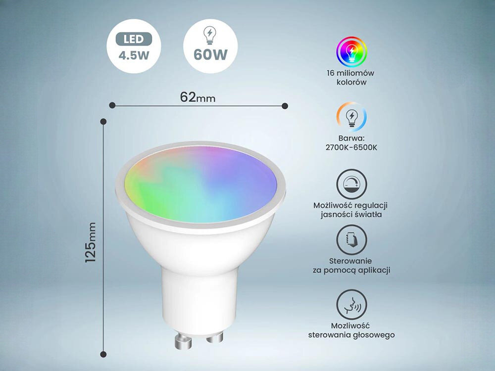 Inteligentna żarówka LED EXTRALINK G10 4.5 W GU10 Wi-Fi, energia, klasa, przedpokoje, większość, na niebieskim tle żarówka wraz z logotypami i specyfikacjami żarówki