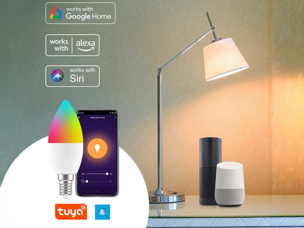 Inteligentna żarówka LED EXTRALINK C37 4.5 W E14 Wi-Fi, sterowanie, kolor, jasność, zdalne, żarówka z telefonem na pierwszym planie, z logotypami aplikacji, w tle lampka z żarówką na komodzie