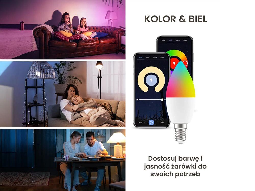 Inteligentna żarówka LED EXTRALINK C37 4.5 W E14 Wi-Fi, moc, trzonek, barwa, biel, na białym tle żarówka wraz z smartfonami, obok zdjęcia pokojów oświetlających dzięki żarówce