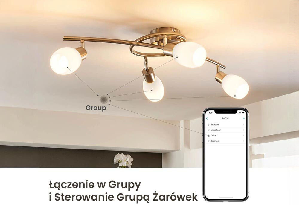 Inteligentna żarówka LED EXTRALINK C37 4.5 W E14 Wi-Fi, aplikacje, światło, odpoczynek, wskaźnik, w tle lampa na suficie, na pierwszym planie smartfon i opis grupowania żarówek