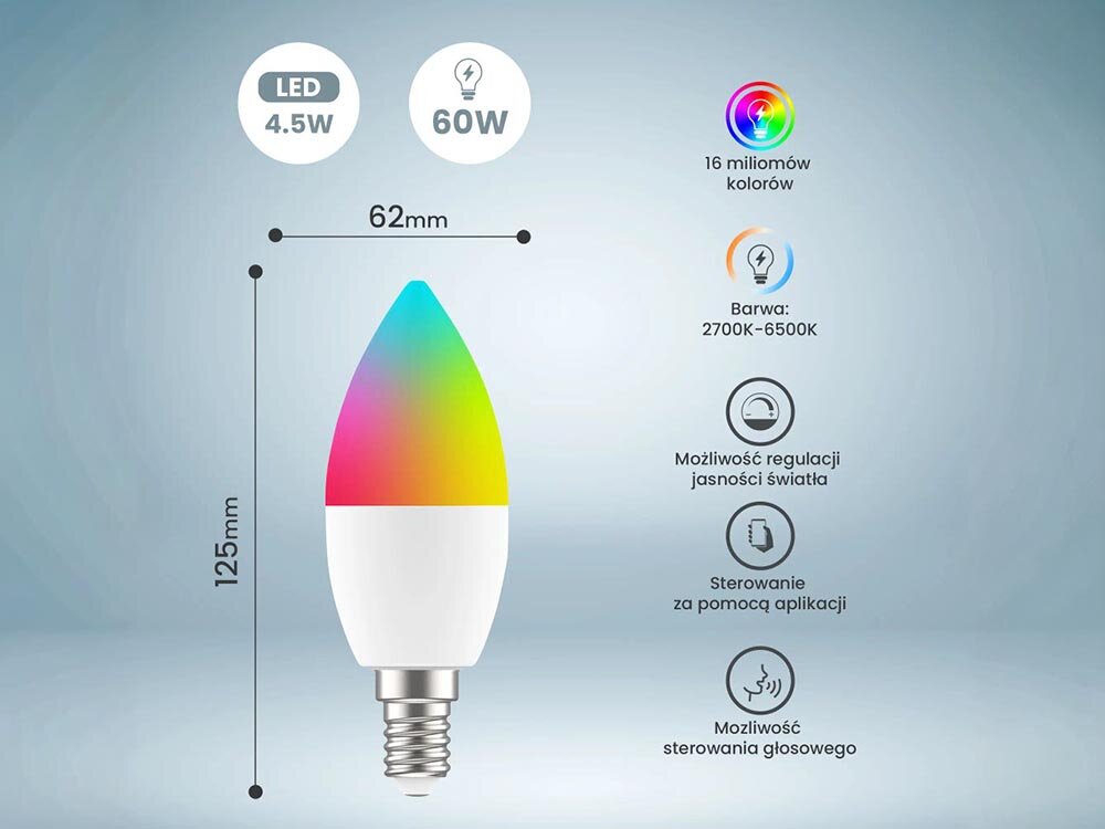 Inteligentna żarówka LED EXTRALINK C37 4.5 W E14 Wi-Fi, eksploatacja, dekoracyjne, oprawa, E14, na niebieskim tle żarówka wraz z logotypami i specyfikacjami żarówki
