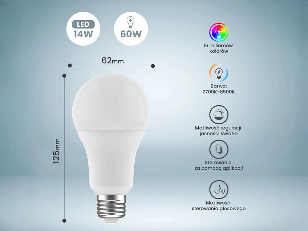Inteligentna żarówka LED EXTRALINK A70 14 W E27 Wi-Fi, źródło, oprawy, wymiana, obudowa, na niebieskim tle żarówka wraz z logotypami i specyfikacjami żarówki