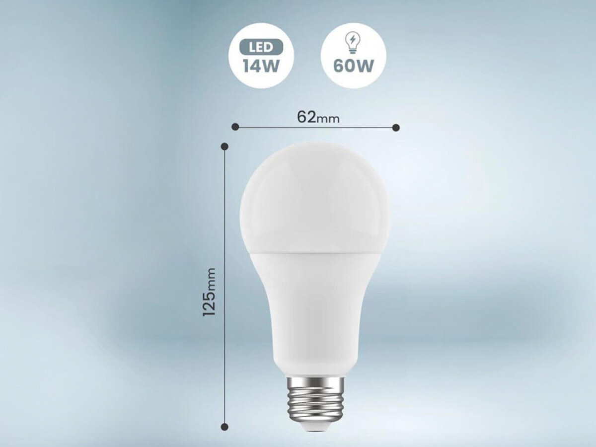 Inteligentna żarówka LED EXTRALINK A70 14 W E27 Wi-Fi, źródło, oprawy, wymiana, obudowa, na niebieskim tle żarówka wraz z logotypami i specyfikacjami żarówki