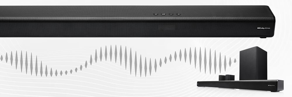 Soundbar JVC TH-E874B moc 520 W Dolby Atmos bezprzewodowy subwoofer, soundbar od frontu na szarym tle