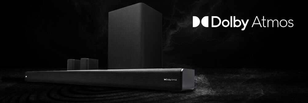 Soundbar JVC TH-E874B Dolby Atmos 520 W RMS subwoofer trójwymiarowy dźwięk, soundbar po skosie na czarnym tle