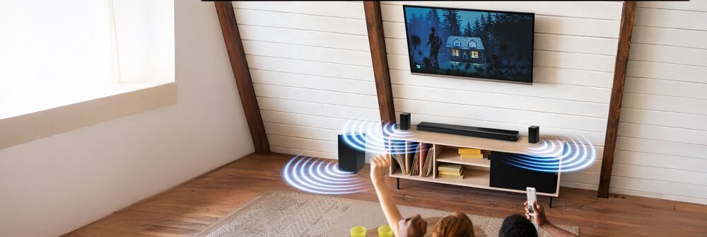 Soundbar JVC TH-E874B 5.1.2 Dolby Atmos HDMI eARC USB optyczny AUX przestrzenny dźwięk, soundbar stojący na komodzie pod telewizorem