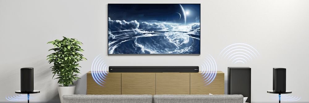 Soundbar JVC TH-E874B Bluetooth 5.3 kompaktowy minimalistyczny design subwoofer, soundbar stojący na komodzie pod telewizorem