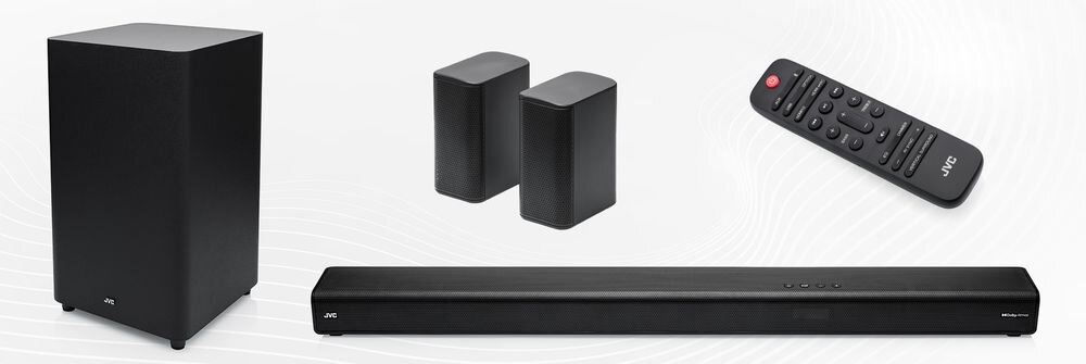 Soundbar JVC TH-E874B uchwyt HDMI pilot baterie subwoofer zestaw, urządzenie na szarym tle z pilotem