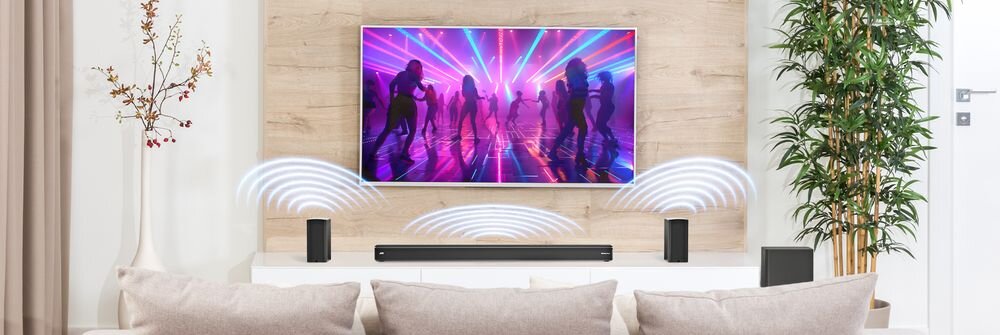 Soundbar JVC TH-E874B HDMI USB optyczne AUX equalizer dopasowanie brzmienia, soundbar stojący na komodzie pod telewizorem