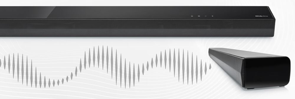 Soundbar JVC TH-E534B 2.1-kanałowy system audio, moc 240 W, Dolby Atmos, wbudowany subwoofer, głębokie basy, realistyczny dźwięk, soundbar od frontu na szarym tle