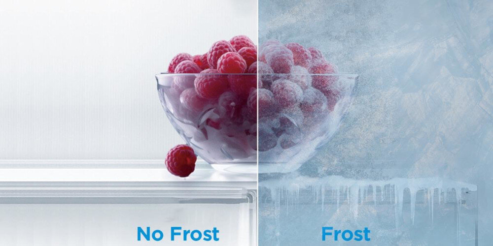 LODÓWKA MIDEA MDRB548MME46 zdjęcie lifestyle porównanie z lodem bez lodu miska zmrożone owoce maliny szron Total No Frost nie wymaga ręcznego rozmrażania zapobiega powstawaniu szronu