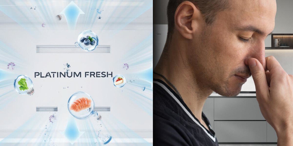 LODÓWKA MIDEA MDRB548MME46 zdjęcie lifestyle mężczyzna nos zapach ikona grafika wizualizacja wnętrze lodówki Platinum Fresh redukuje nieprzyjemne zapachy i bakterie świeże i higieniczne
